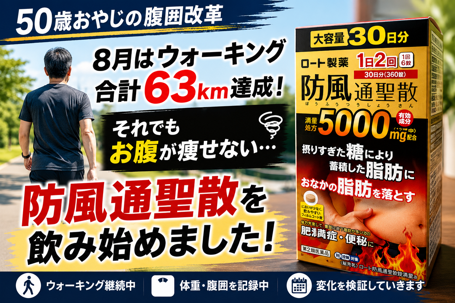50歳おやじ、8月ウォーキング63km達成でもお腹が痩せず防風通聖散を開始